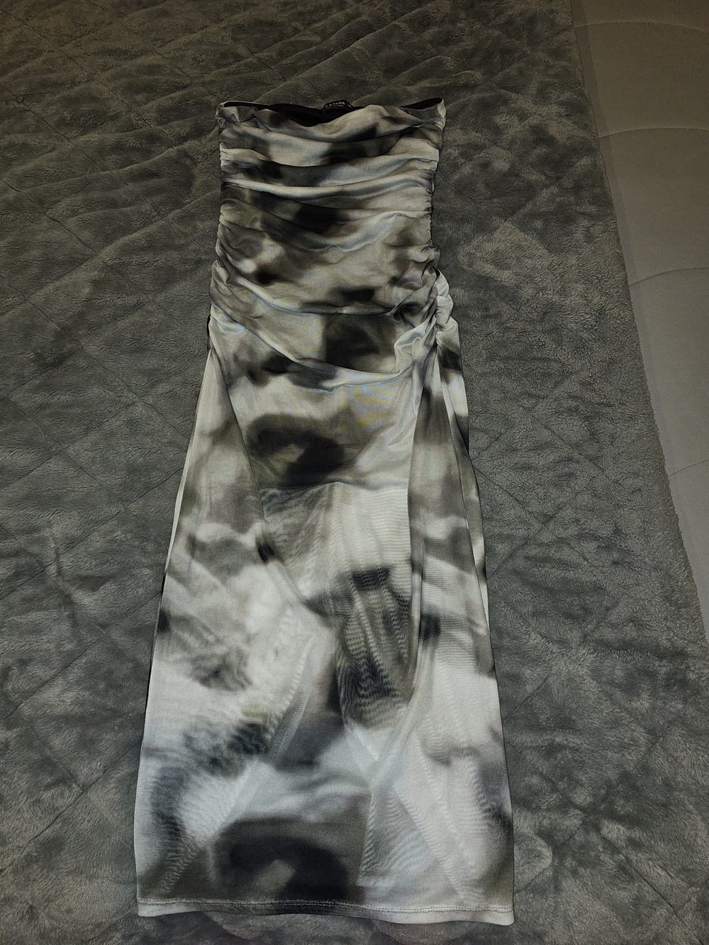 EUC Strapless Ruched Black & White Mesh - Lined above Knee Dress